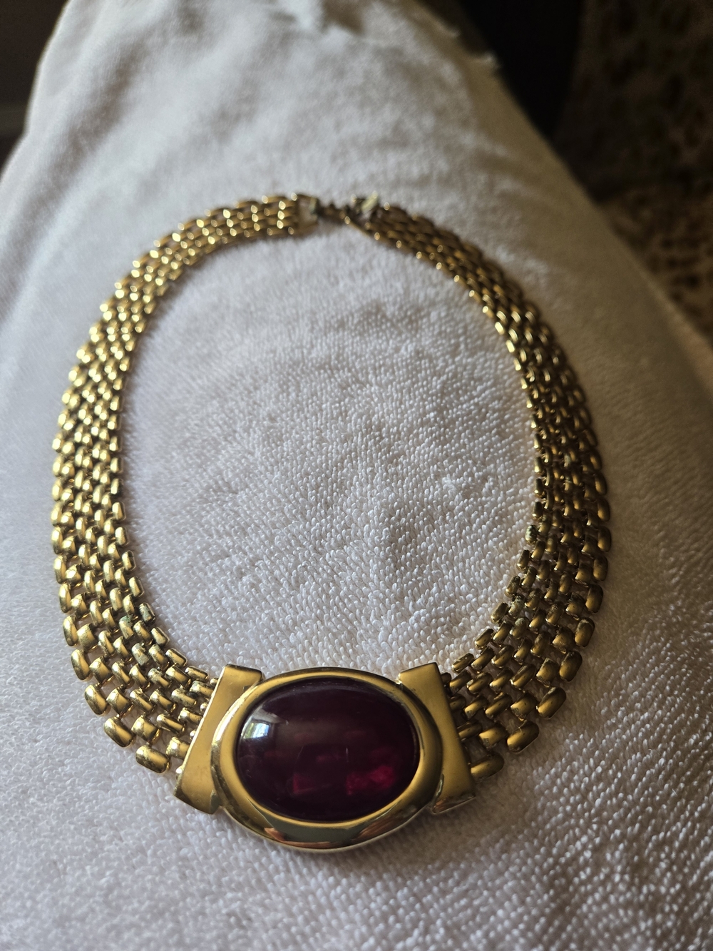 Napier Gold-Tone Mesh Necklace with Deep Burgundy Cabochon